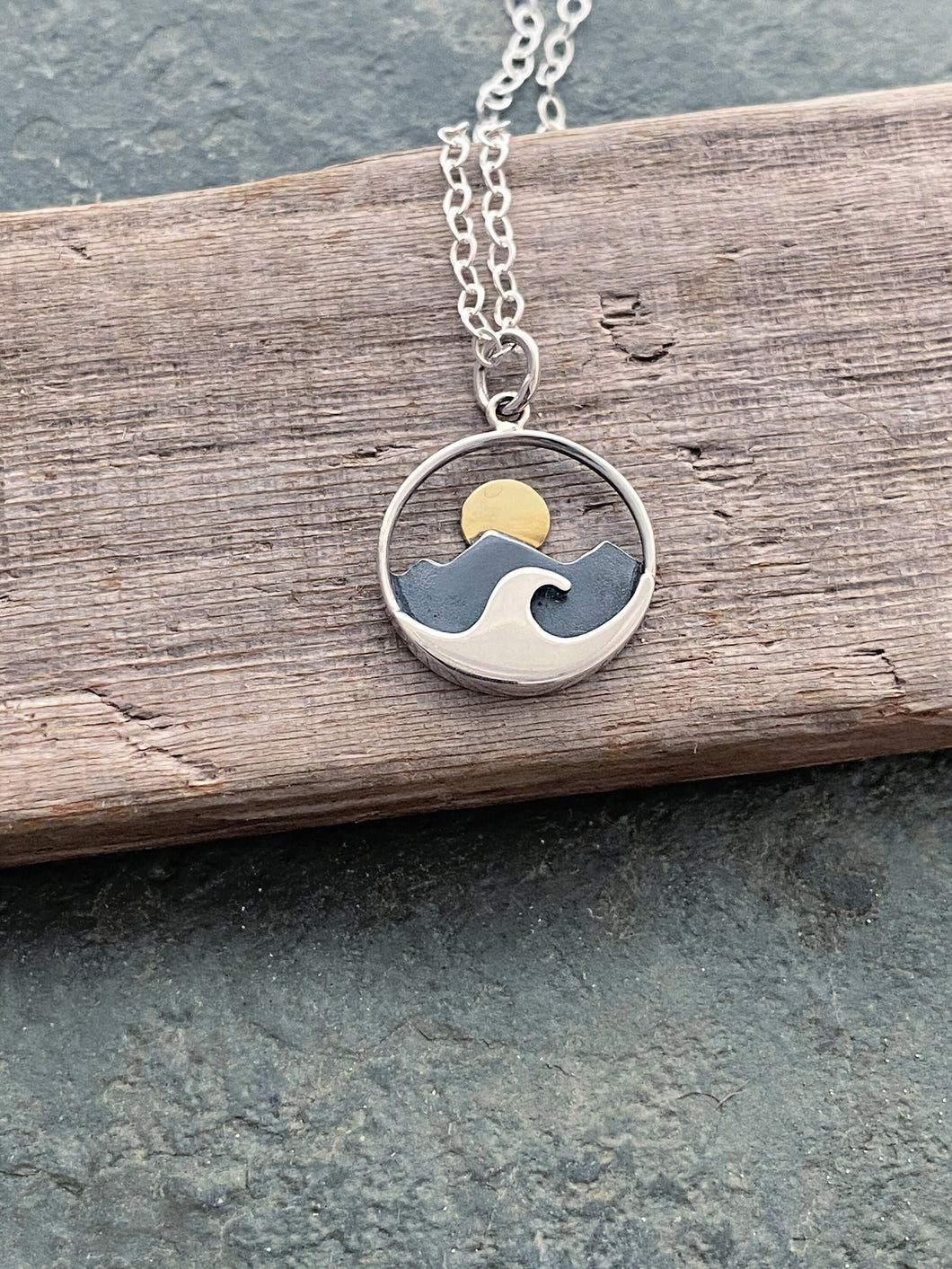 Mountains, beach waves and Sun Charm Necklace, 925 Sterling Silver and bronze Jewelry - Mixed Metal - Minimalist - Darkened Silver