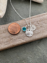 Load image into Gallery viewer, Sterling silver sand dollar Necklace with Hand stamped Initial letter disc and Swarovski Crystal Birthstone, Handmade
