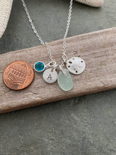 Load image into Gallery viewer, Sterling Silver Sand dollar necklace with genuine Sea Glass, Personalized Initial Charm and Swarovski Crystal Birthstone, Beach jewelry
