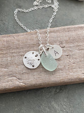 Load image into Gallery viewer, Personalized Charm Necklace with Sterling Silver Sand Dollar Seafoam Sea Glass and Initial Charm Made to Order Wedding Bridesmaid Gift
