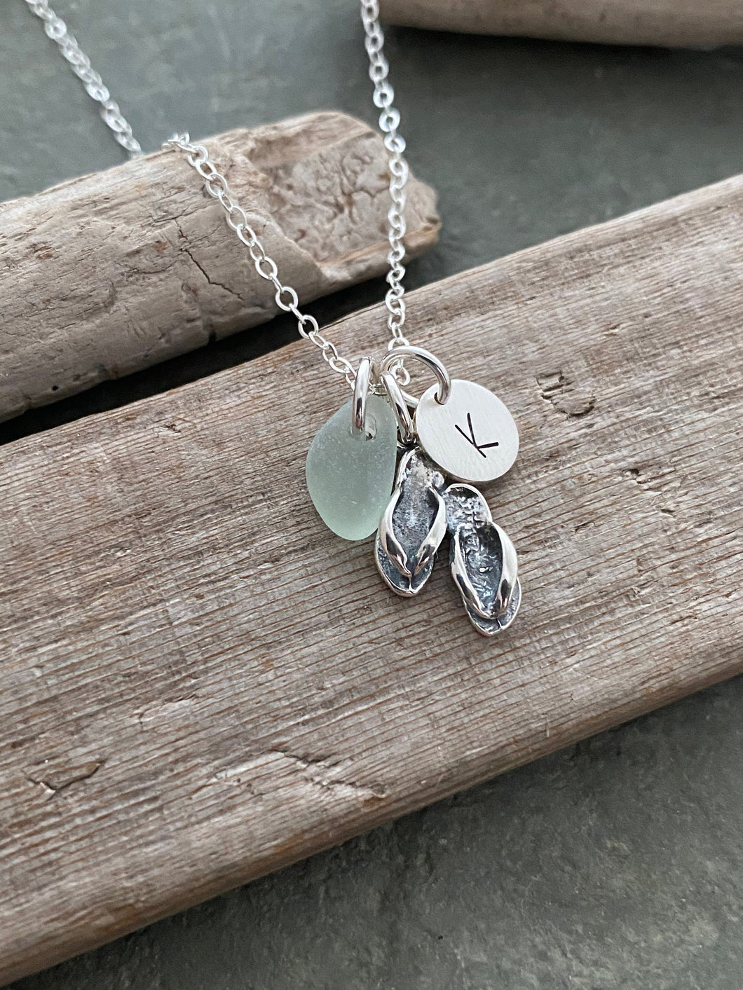 Sterling Silver Flip Flop Sandal Necklace with Sea Glass and Initial Charm, Personalized Beach Jewelry, Gift for her - summer necklace