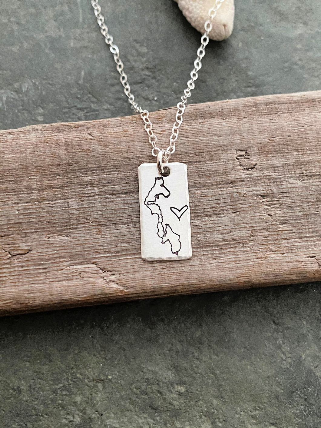 Whidbey Island Necklace - Hand stamped outline of Whidbey Island Washington State Sterling Bar with Sterling silver chain and Heart design