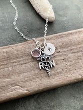 Load image into Gallery viewer, Sterling silver RN nurse and crystal birthstone, personalized with initial disc, Nurse Jewelry - Registered Nurse, caregiver, nurses week
