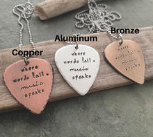 Load image into Gallery viewer, where words fail, music speaks - Hand stamped copper guitar pick necklace - stainless steel ball chain - gift for music lover - music style
