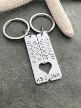 Load image into Gallery viewer, GPS Coordinates Keychain set - Couples Key chains - Connecting heart - silver aluminum - personalized initials - customized gift for him
