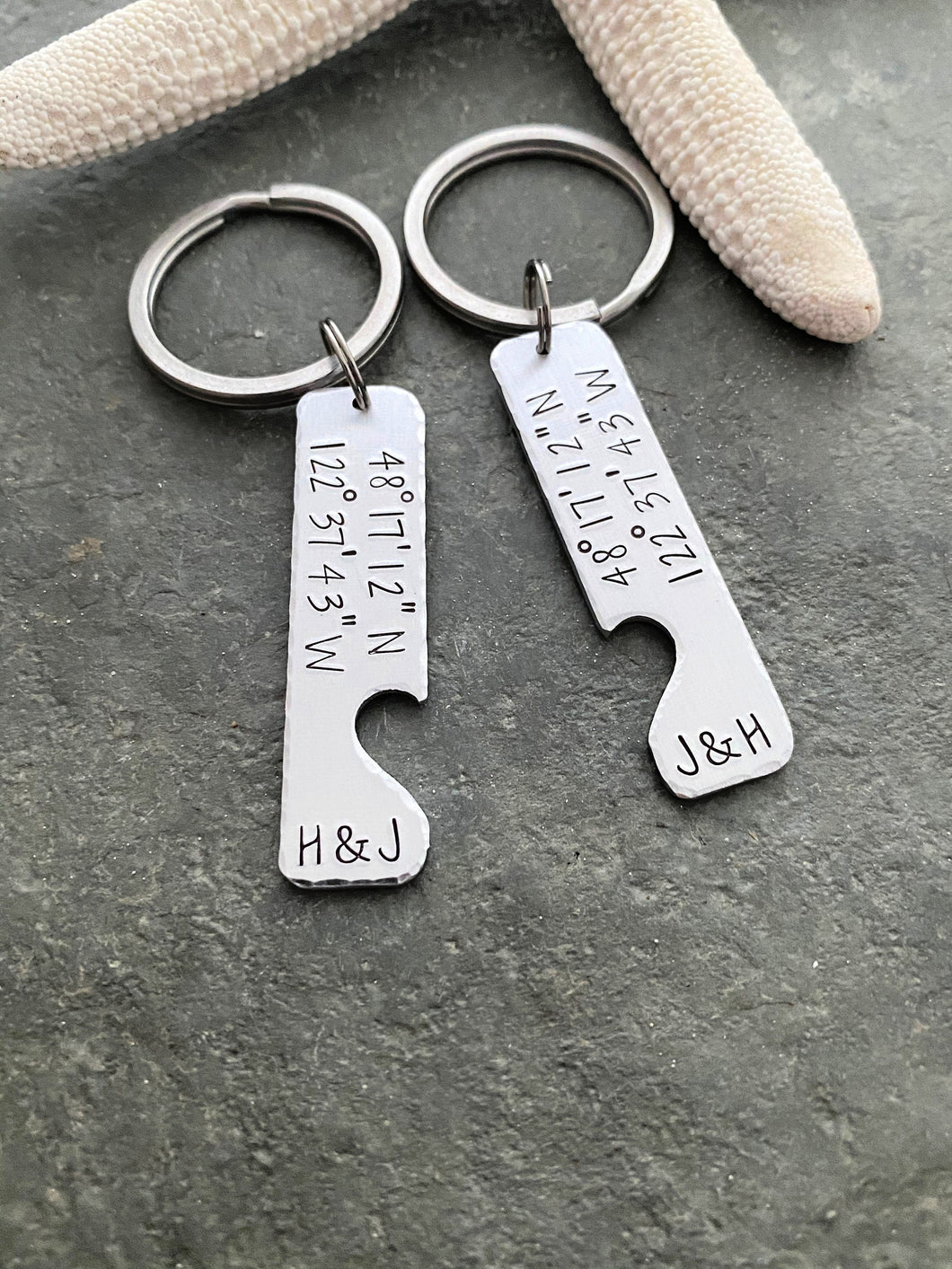 GPS Coordinates Keychain set - Couples Key chains - Connecting heart - silver aluminum - personalized initials - customized gift for him