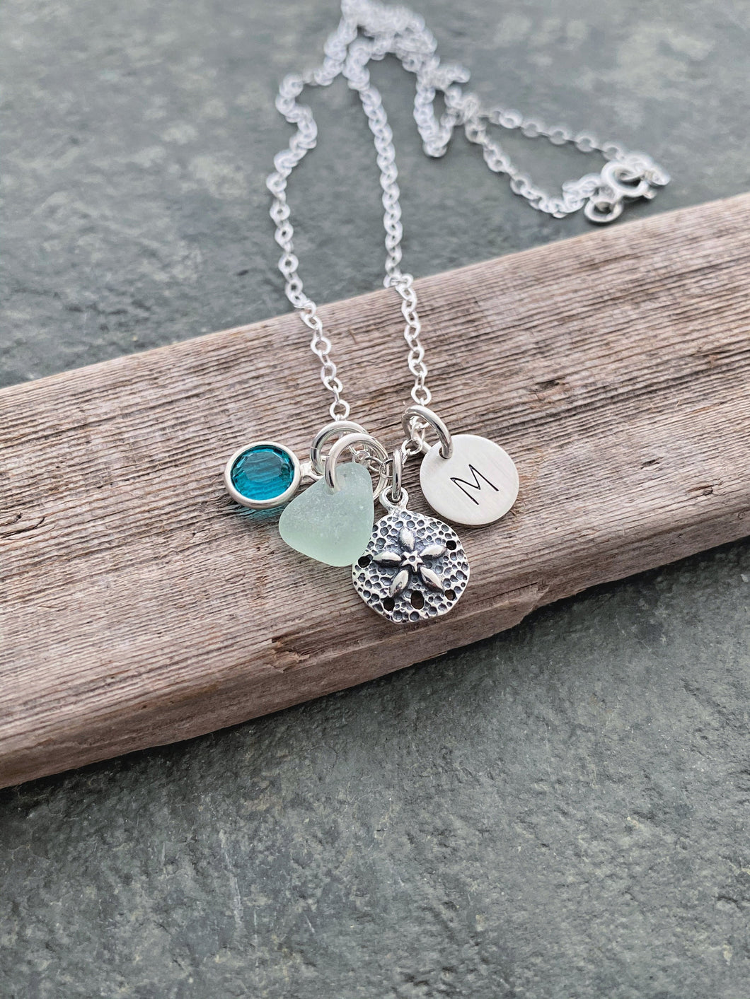 Sterling Silver Sand dollar necklace with genuine Sea Glass, Personalized Initial Charm and Swarovski Crystal Birthstone, Beach jewelry