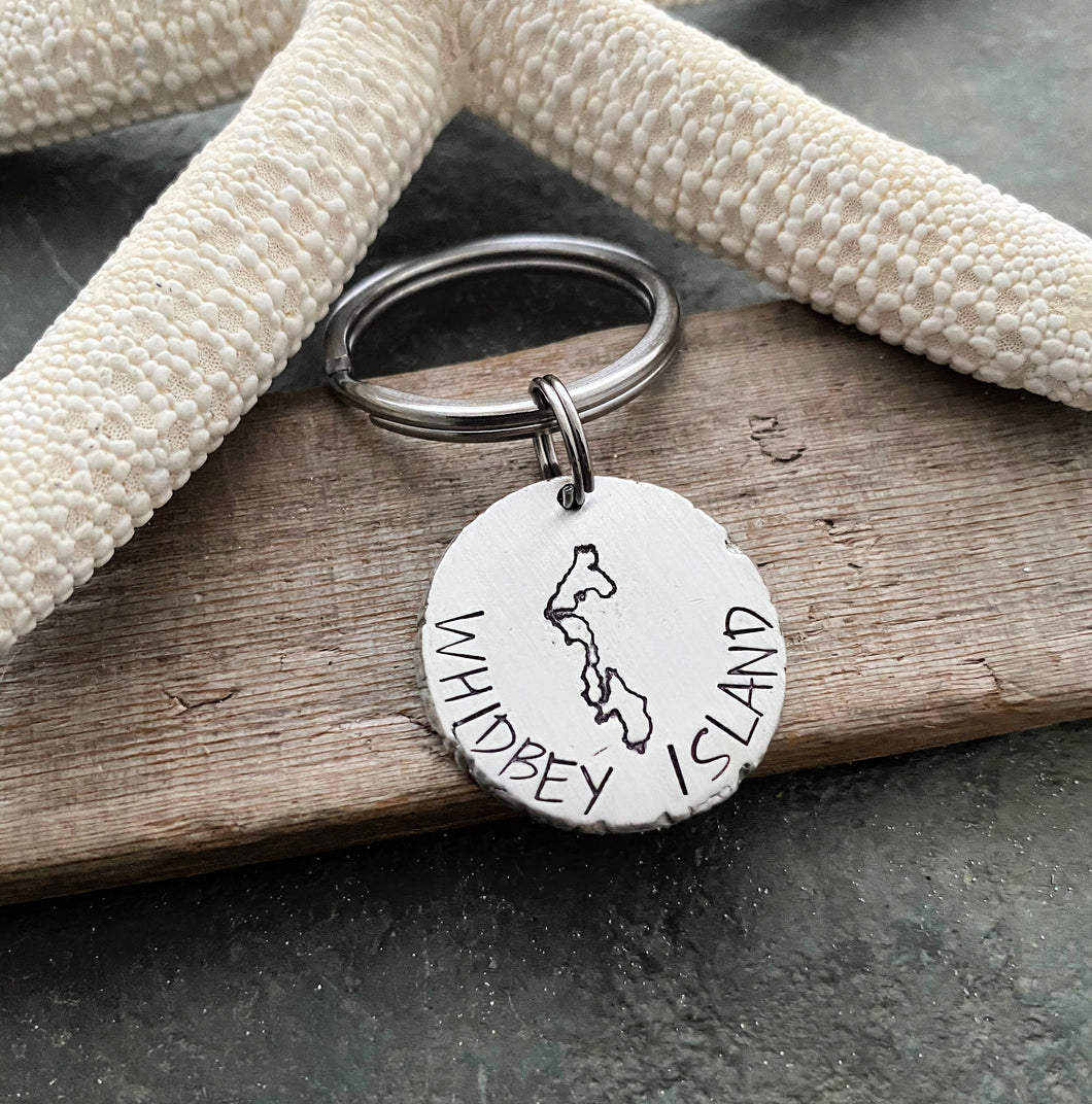 Whidbey Island Keychain  - Whidbey outline keychain - hometown - gift idea for him - silver thick pewter coin  - Island memories