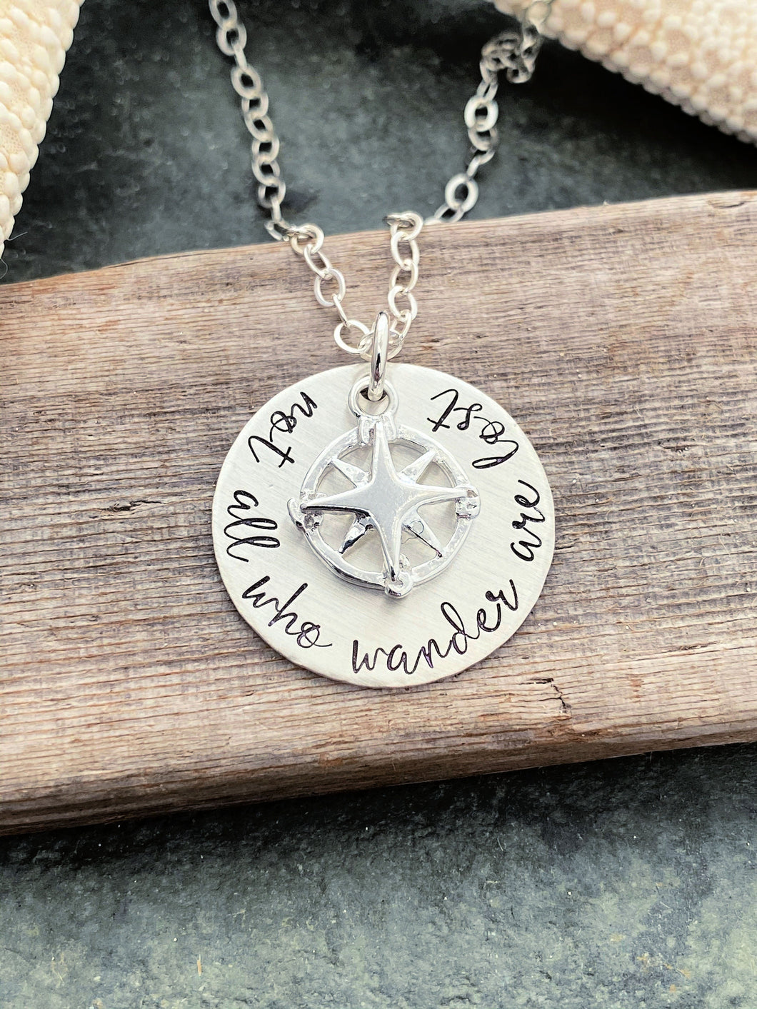 not all who wander are lost, sterling silver necklace with sterling silver compass charm and chain, hand stamped , gift idea for her