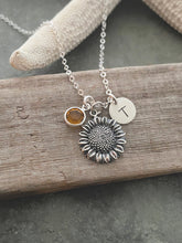 Load image into Gallery viewer, Sterling silver Sunflower charm necklace - Plant Jewelry - Flower necklace, Personalized initial -  Swarovski Birthstone - gift for her
