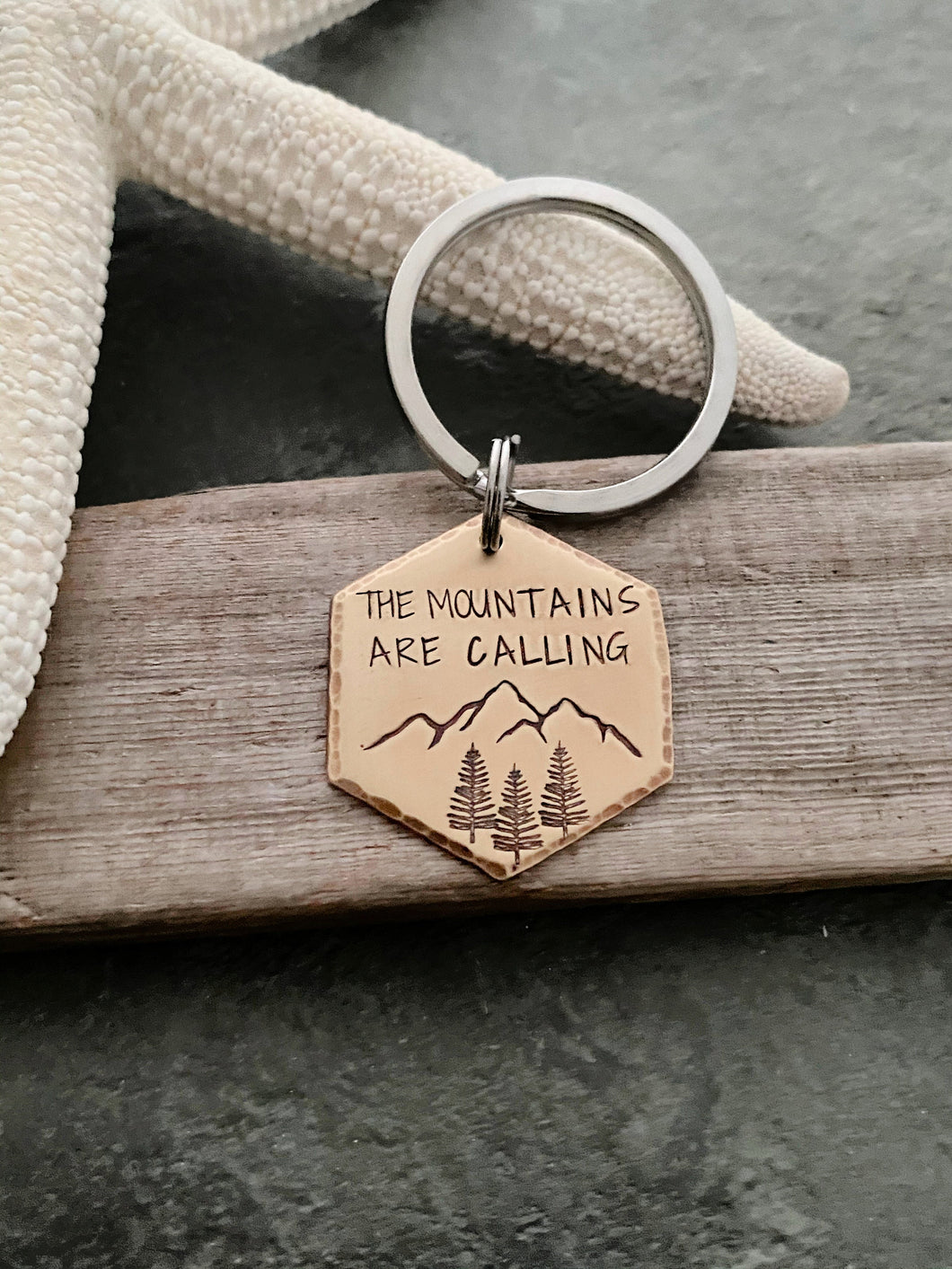 The mountains are calling - mountains and tree keychain - bronze - Outdoors key chain - hand stamped - Pacific Northwest theme