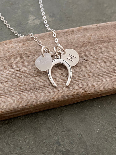 Sterling silver horseshoe -  Personalized Charm Necklace with Genuine Sea glass and mini Initial Charm Made to Order Wedding Bridesmaid Gift