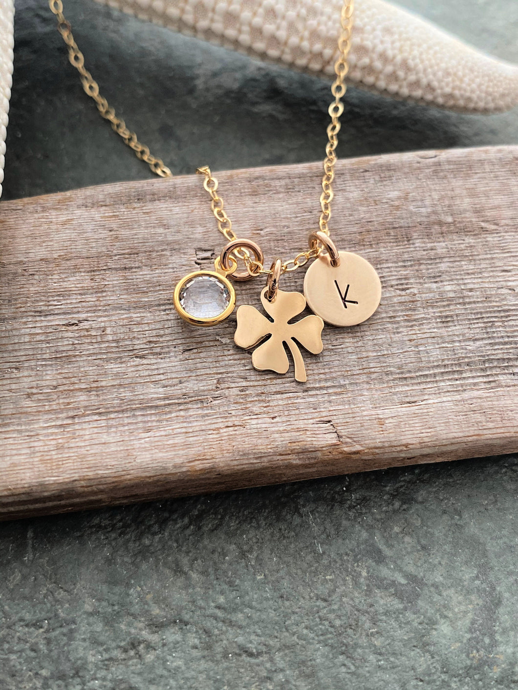 Sterling silver or bronze Four leaf clover charm necklace, Personalized initial disc, Swarovski crystal birthstone - Birthday gift for her