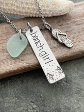 Load image into Gallery viewer, beach girl necklace - starfish charm necklace - genuine sea glass - hand stamped - Stainless steel pewter - seaglass - gift for beach lover
