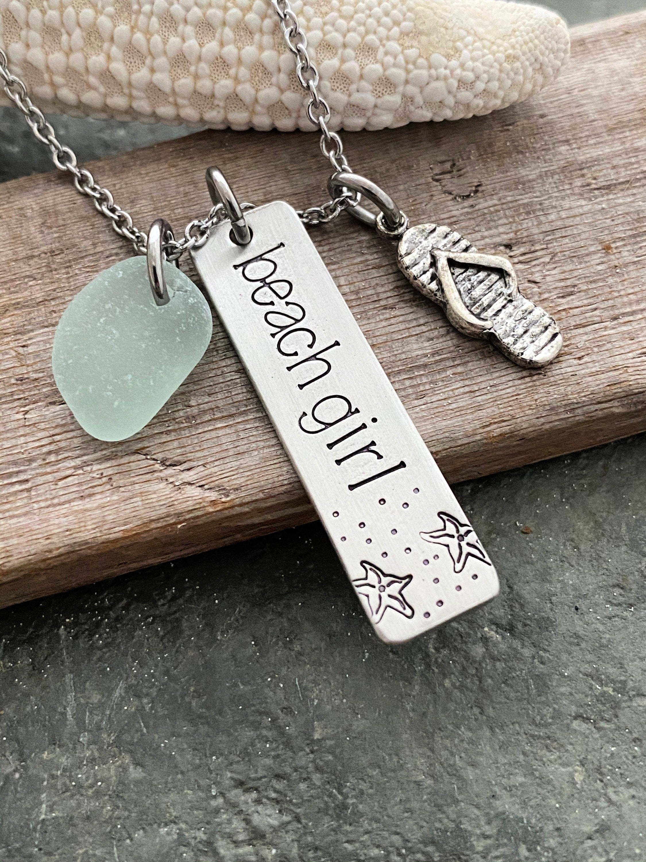 beach girl necklace - starfish charm necklace - genuine sea glass - hand stamped - Stainless steel pewter - seaglass - gift for beach lover