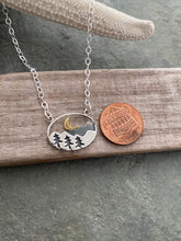 Load image into Gallery viewer, Sterling Silver Mountain and Tree necklace with Bronze moon - PNW Theme - Northwest necklace - Gift for Nature lover - Birthday gift for her
