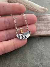Load image into Gallery viewer, Sterling Silver Mountain and Tree necklace with Bronze moon - PNW Theme - Northwest necklace - Gift for Nature lover - Birthday gift for her
