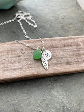 Load image into Gallery viewer, Sterling Silver Surfboard Charm Necklace - Genuine Sea Glass - Personalized Initial Disc -  Water sports, Ocean wave - gift for her
