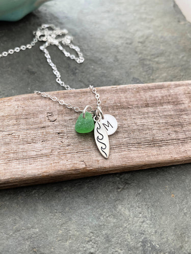 Sterling Silver Surfboard Charm Necklace - Genuine Sea Glass - Personalized Initial Disc -  Water sports, Ocean wave - gift for her