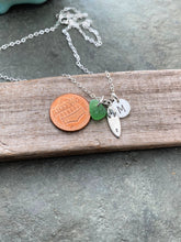 Load image into Gallery viewer, Sterling Silver Surfboard Charm Necklace - Genuine Sea Glass - Personalized Initial Disc -  Water sports, Ocean wave - gift for her
