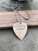 Load image into Gallery viewer, you are my rockstar - sterling silver guitar pick with stainless steel necklace chain - hand stamped pick - gift for boyfriend girlfriend
