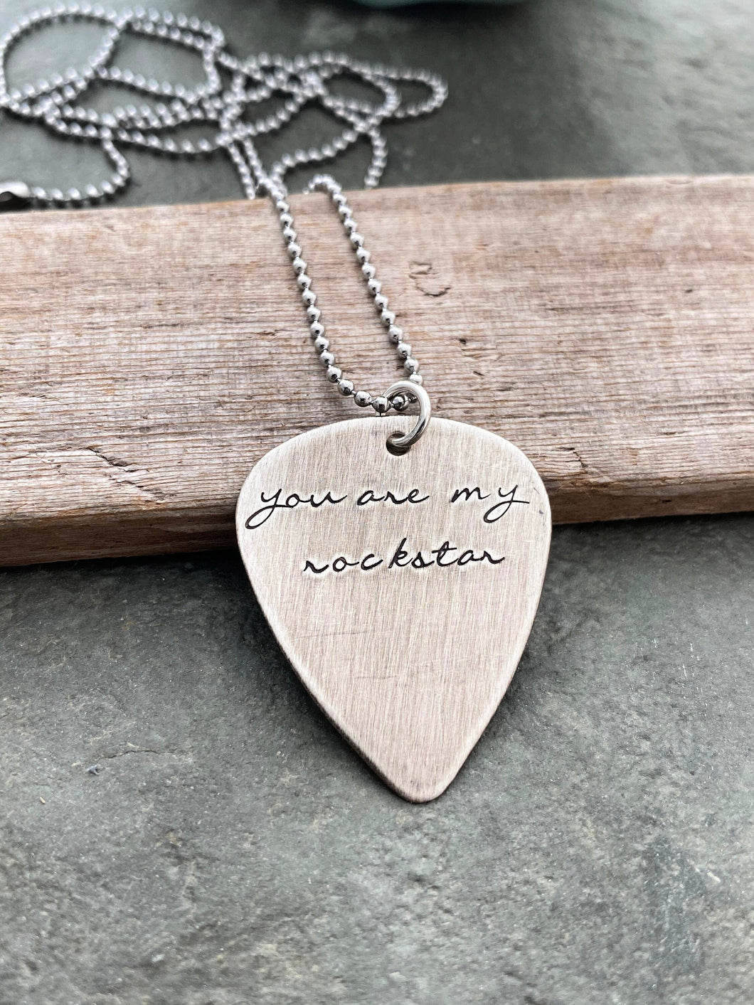 you are my rockstar - sterling silver guitar pick with stainless steel necklace chain - hand stamped pick - gift for boyfriend girlfriend