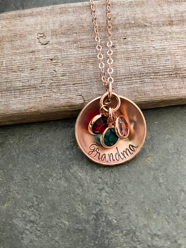 14k Rose gold filled cupped disc necklace with Swarovski Crystal Birthstone Charms - Christmas gift for mom -  Personalized name Gift