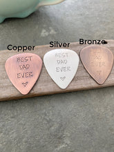 Load image into Gallery viewer, Best dad ever - Sterling silver guitar pick - Hand Stamped Guitar Pick - Playable -  Plectrum 24 gauge - Christmas gift Choice of color
