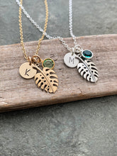 Load image into Gallery viewer, Personalized Monstera Leaf Necklace with Initial charm and Swarovski Crystal Birthstone - Gift for Plant Lover - plant mom gift idea
