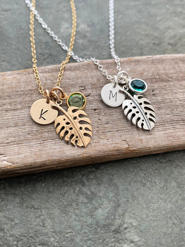 Personalized Monstera Leaf Necklace with Initial charm and Swarovski Crystal Birthstone - Gift for Plant Lover - plant mom gift idea