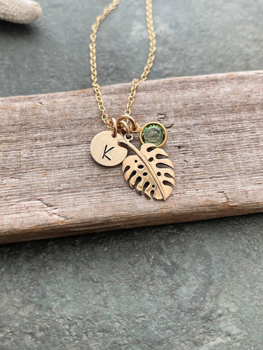 Personalized Monstera Leaf Necklace with Initial charm and Swarovski Crystal Birthstone - Gift for Plant Lover - plant mom gift idea