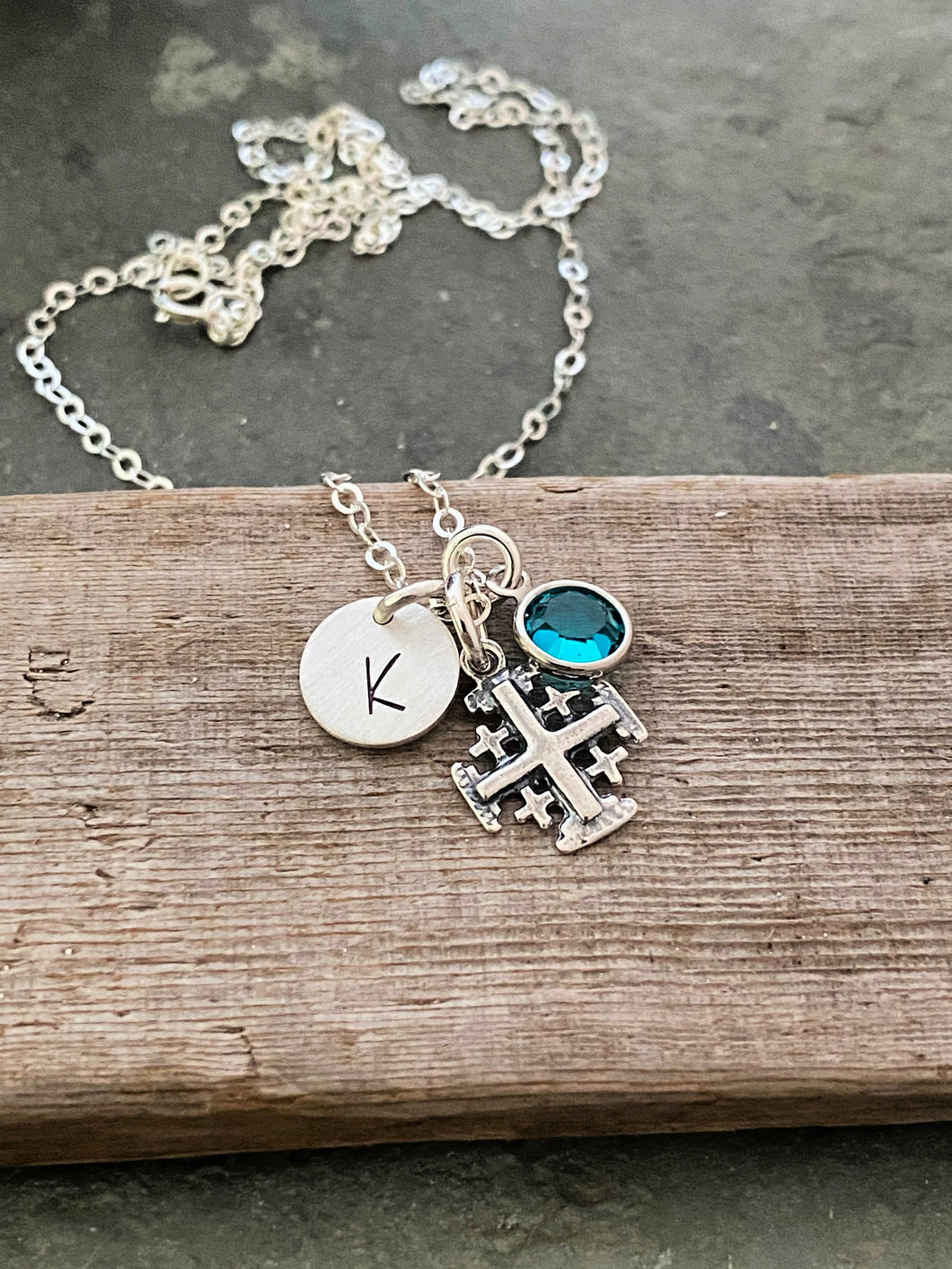 Jerusalem Cross necklace - personalized sterling silver Charm Necklace  Swarovski crystal birthstone and Initial Charm Made to Order, Faith