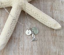 Load image into Gallery viewer, Sterling Silver Lighthouse necklace, genuine Sea glass and mini Initial Charm - Personalized beach jewelry, Beacon of Hope, Nautical Jewelry
