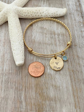 Load image into Gallery viewer, Gift for mom, gold plated or silver stainless steel bangle bracelet with personalized disc and birthstones, Christmas gift, grandma gift
