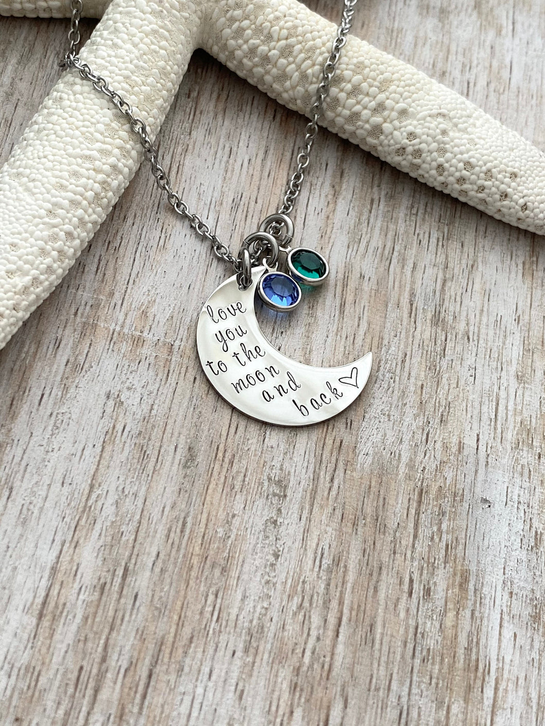 love you to the moon & back, stainless steel necklace, Swarovski Crystal Birthstones, Grandma Gift, Mommy Jewelry, Christmas Gift