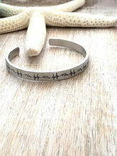 Load image into Gallery viewer, Heartbeat Ocean Wave Bracelet - Hand stamped silver aluminum cuff bracelet - 1/4 Inch skinny stacking bangle - Beach Jewelry
