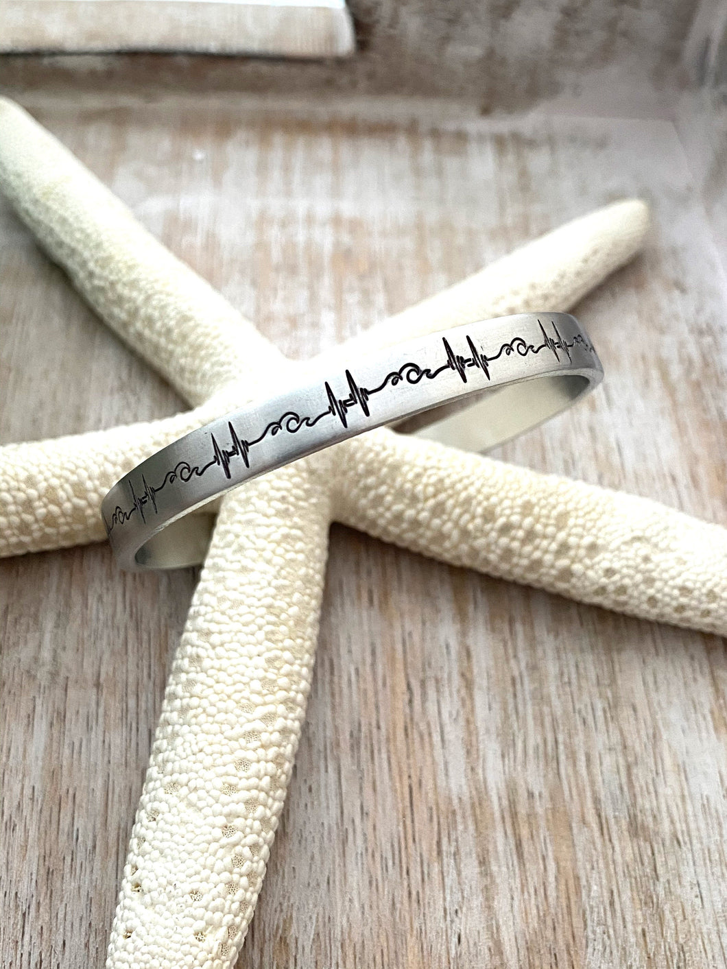 Heartbeat Ocean Wave Bracelet - Hand stamped silver aluminum cuff bracelet - 1/4 Inch skinny stacking bangle - Beach Jewelry