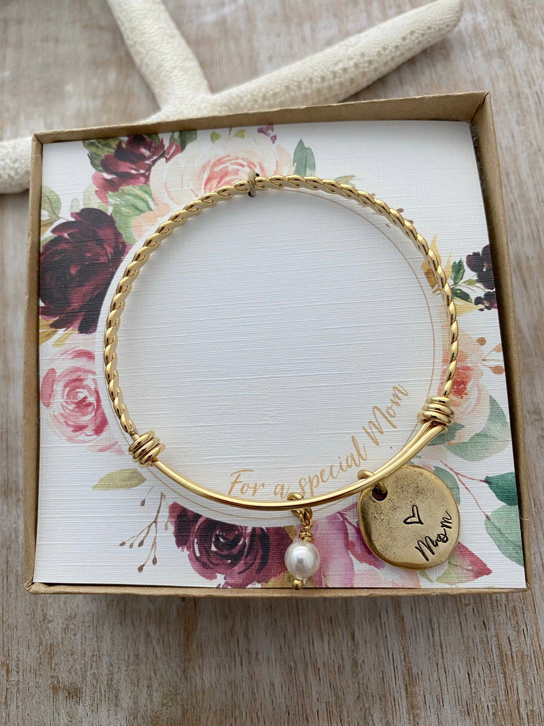 Gift for Mom, silver or gold plated  stainless steel bangle bracelet Mom disc and Pearl, Mother's Day  gift for mom with message card
