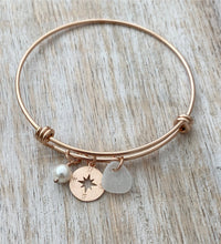 Load image into Gallery viewer, Stainless steel gold or Rose gold compass bracelet, genuine sea glass,  pearl, adjustable wire bangle gold plated stainless steel, beach
