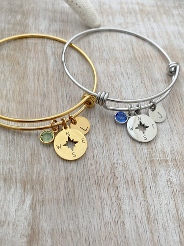 Compass charm bracelet - silver or gold stainless steel adjustable wire bangle - Swarovski crystal birthstone personalized initial disc