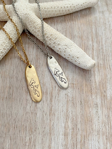 Whidbey Island Necklace - Choice of Silver or Gold pewter organic shaped skinny tag - stainless steel chain - Whidbey Island with Heart
