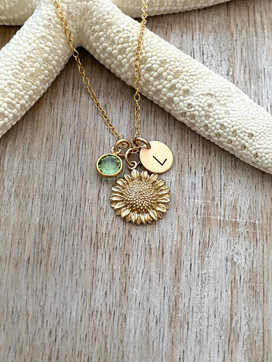 Sterling silver Sunflower charm necklace - Plant Jewelry - Flower necklace, Personalized initial -  Swarovski Birthstone - gift for her