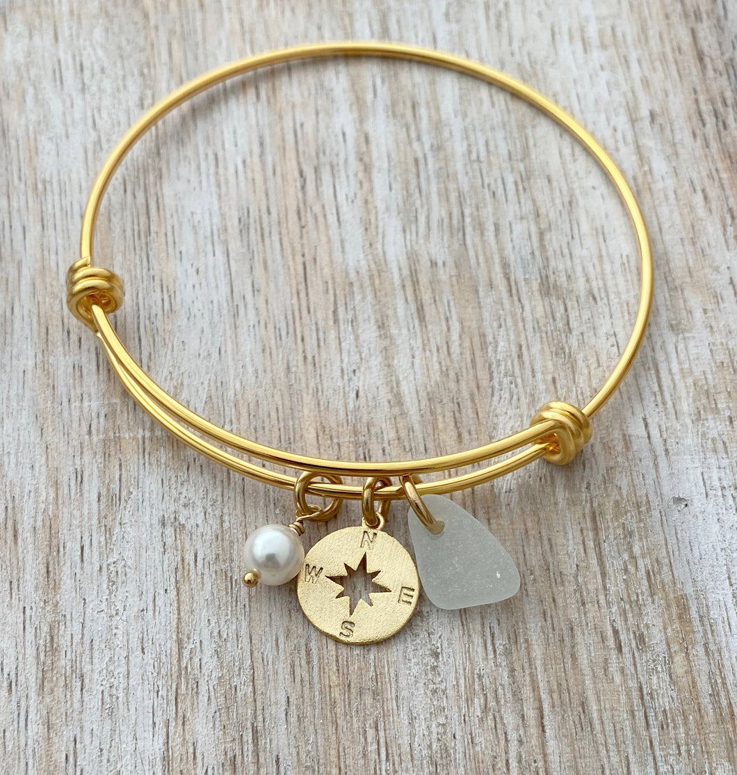 Stainless steel gold or Rose gold compass bracelet, genuine sea glass,  pearl, adjustable wire bangle gold plated stainless steel, beach