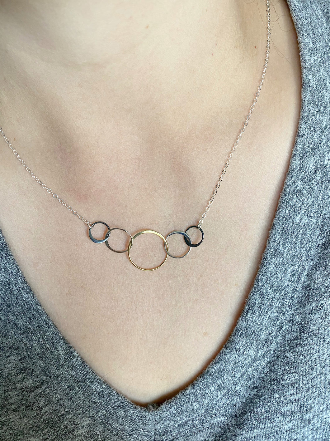 Mixed metal Geometric linked 5 circles necklace - circle of life necklace - gift for her - gold bronze and sterling silver - simple modern