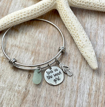 Load image into Gallery viewer, toes in the sand girl, stainless steel adjustable beach bangle bracelet flip flop bracelet - genuine sea glass bangle - gift for beach lover
