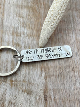Load image into Gallery viewer, Custom Coordinates Keychain - Stainless steel engraved Latitude and Longitude GPS Coordinate  Bar Key Chain - Valentine&#39;s Day Gift for Him
