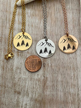 Load image into Gallery viewer, Mountains and tree Necklace - Birthday Gift for her - Stainless steel silver, rose gold, gold - gift for outdoor lover
