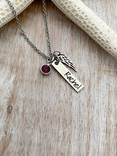 Stainless steel memorial necklace, Angel wing charm, personalized name plate bar, Crystal birthstone charm, Sympathy gift, Loss Jewelry