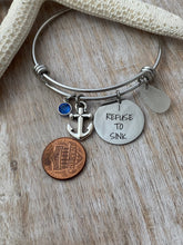 Load image into Gallery viewer, I refuse to sink, stainless steel adjustable engraved beach bangle bracelet, anchor charm, genuine sea glass and Swarovski birthstone
