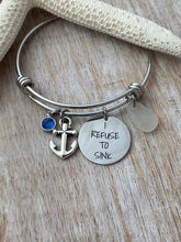 Load image into Gallery viewer, I refuse to sink, stainless steel adjustable engraved beach bangle bracelet, anchor charm, genuine sea glass and Swarovski birthstone

